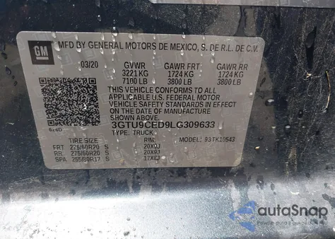 2020 GMC Sierra 1500 4Wd Short Box Elevation z USA, uszkodzony, nr VIN 3GTU9CED9LG309633